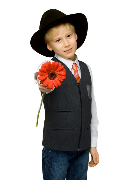 Retrato menino com flor vermelha — Fotografia de Stock