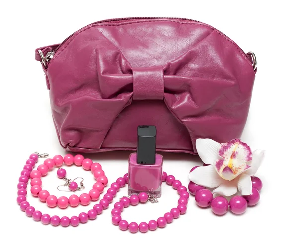 Violet feminine bag, necklace — Stock Photo, Image
