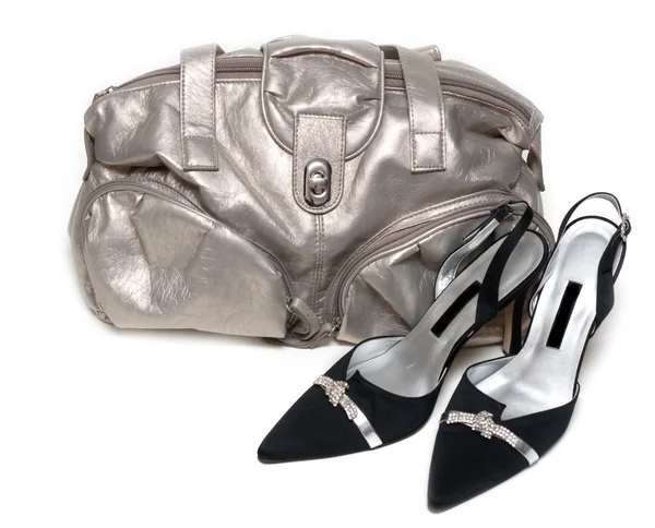 Silvery bag and pair of the loafer — Stock Photo, Image