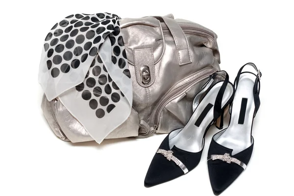 Silvery bag and pair of the loafer Stock Photo