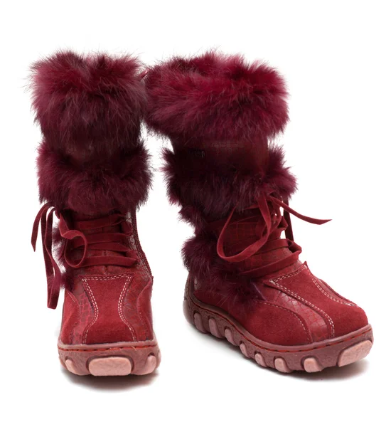 Crimson suede baby boots with fur — Stock Photo, Image