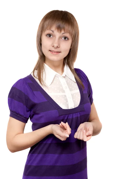 Jovem menina bonita em pano violeta — Fotografia de Stock
