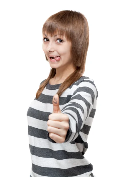 Вeautiful girl shows OK and language — Stock Photo, Image