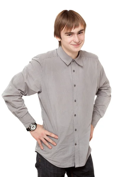 회색 헝겊에 세로 젊은 남자 — 스톡 사진