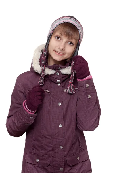 Dziewczyna w kurtka zimowa z kapturem z kapeluszem — Zdjęcie stockowe