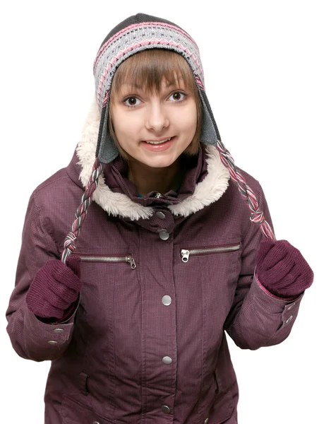 年轻女孩冬季外套及帽子 — 图库照片