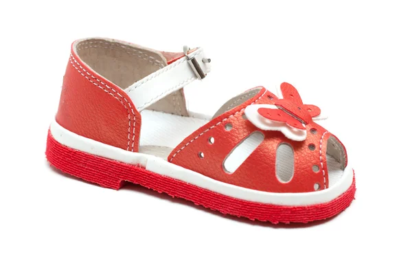 Rött läder baby sandal — Stockfoto