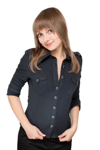 Mädchen in schwarzer Bluse lächelt — Stockfoto