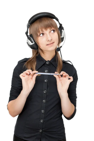 Beautiful girl in earphone and pencil — Stock Photo, Image