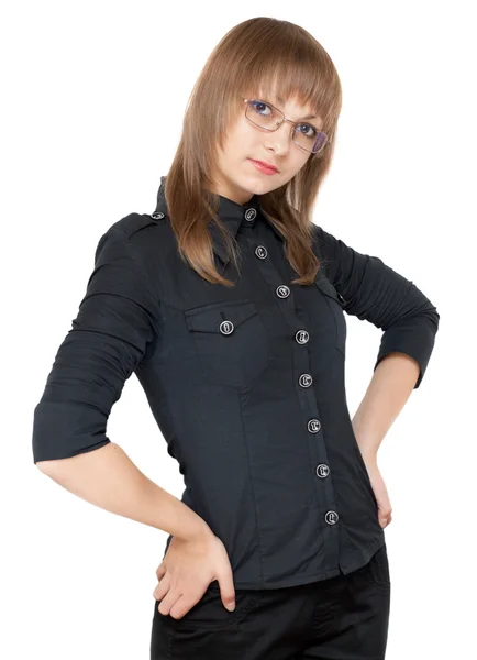 Młoda dziewczyna okularach i czarne tkaniny — Zdjęcie stockowe