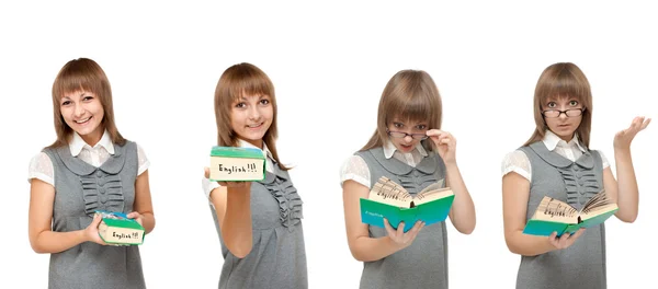 Chica con diccionario Inglés, emociones — Foto de Stock