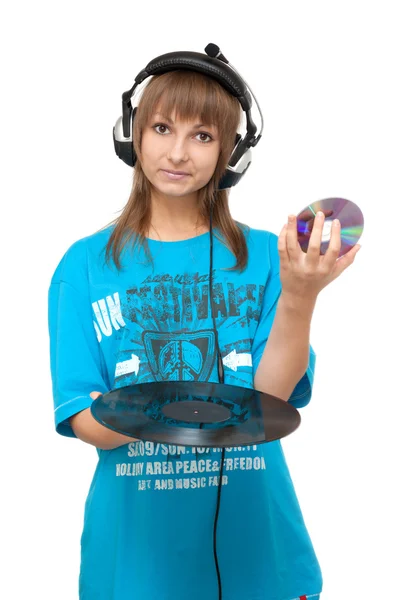 Girl with vinyl disk and DVD — Stock Photo, Image