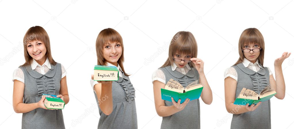 Girl with dictionary English, emotions