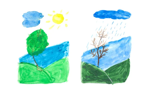 Dětská kresba, strom na slunci — Stock fotografie