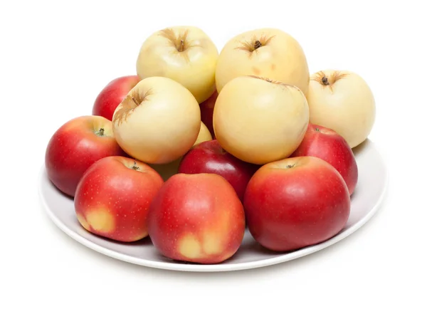Red and yellow apple on plate — Stock Photo, Image