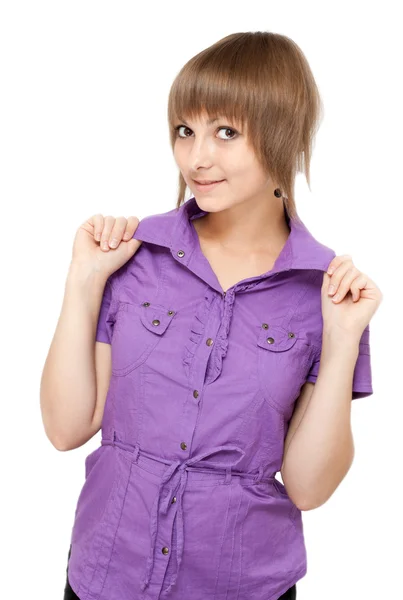 Chica joven en blusa violeta coquetea — Foto de Stock