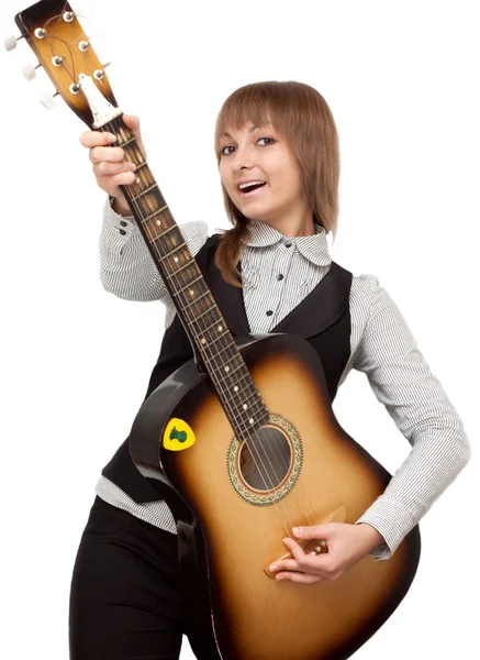 Young girl with guitar sings — Stock Photo, Image