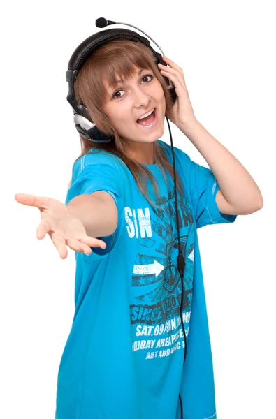 Young girl in earphone sings — Stock Photo, Image