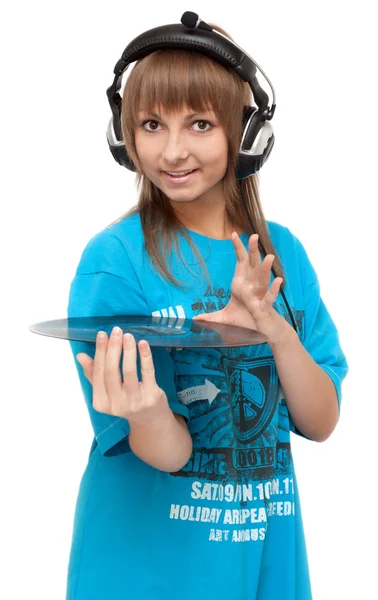 Girl in earphone with vinyl disk — Stock Photo, Image