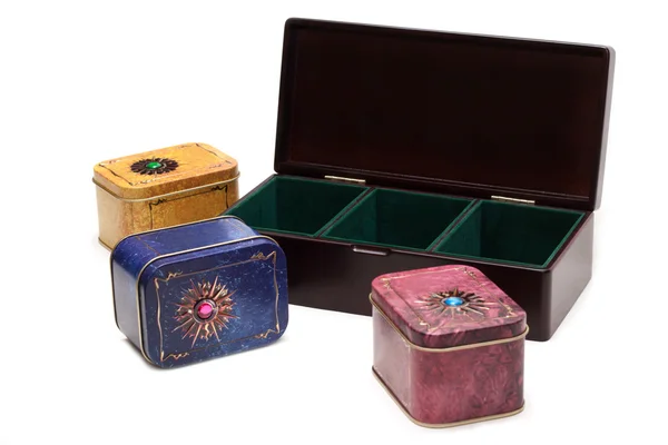 Krabice s čajem, železo balení varianty tři — Stock fotografie