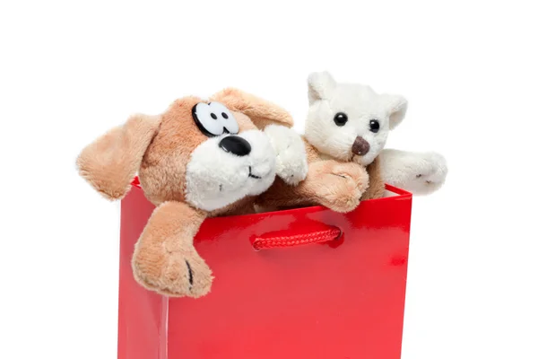 Toy of the dog in red package — Stock Photo, Image