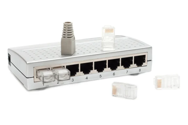 Eight port switch and connecters — Stock Photo, Image