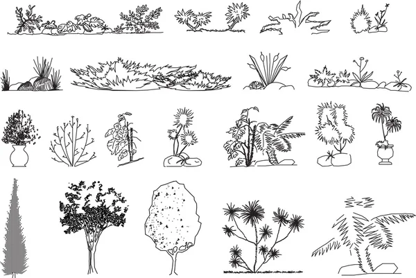 Alberi, erba, silhouette vegetali — Vettoriale Stock