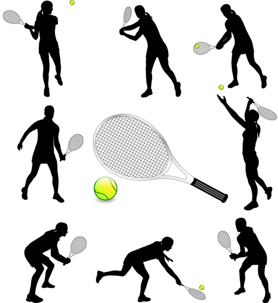 Jugadores de tenis siluetas — Vector de stock