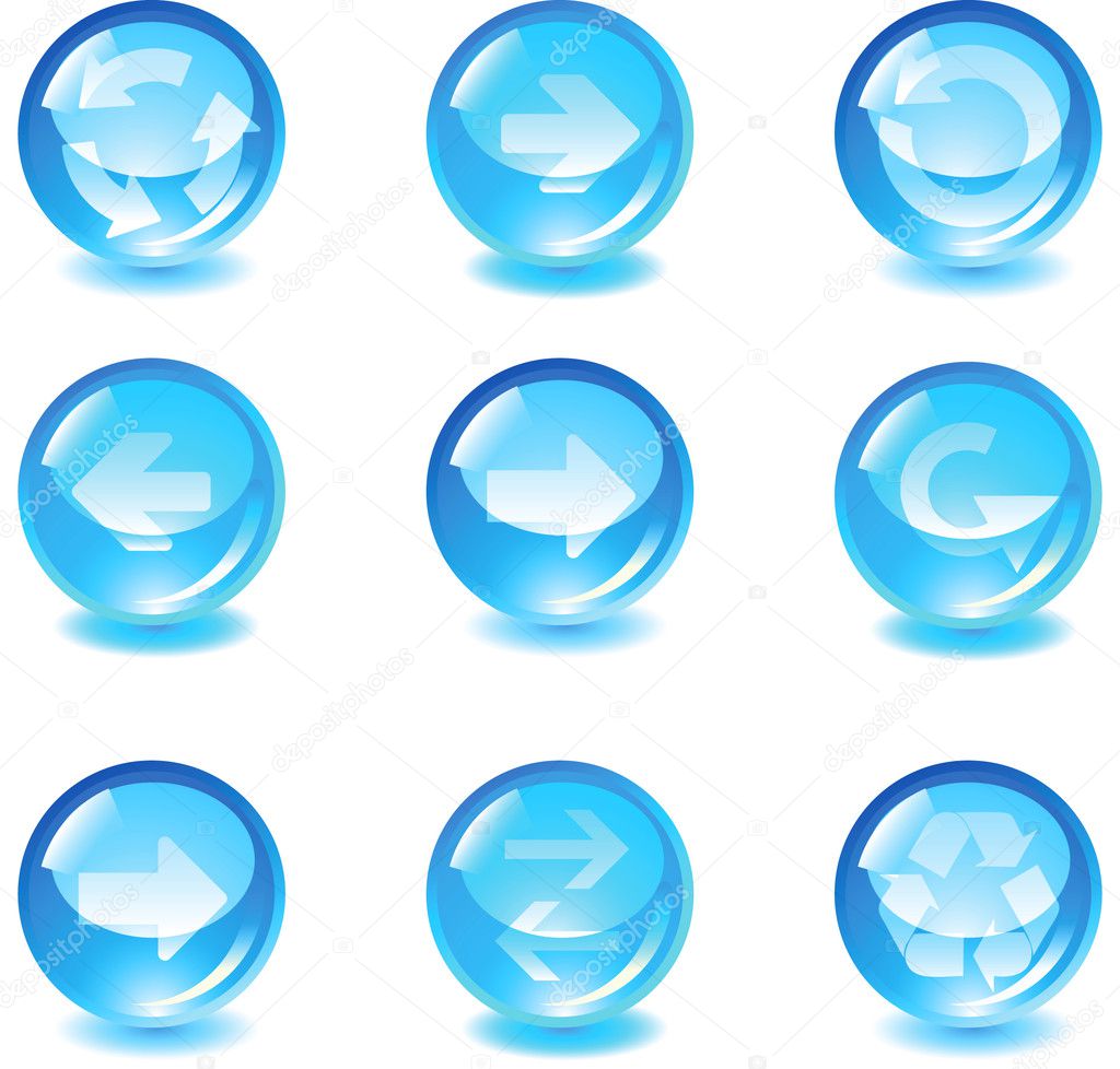 Set blue glass vector button with arrows