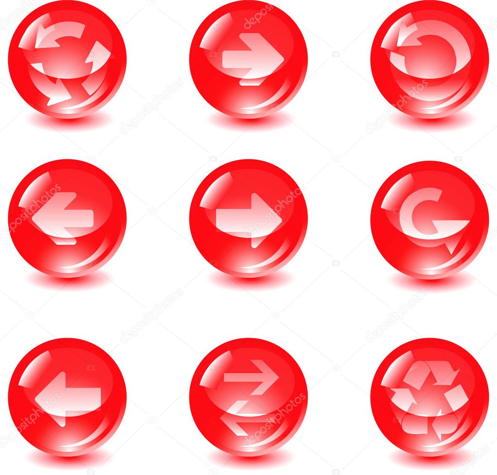 Set red glass vector button with arrows