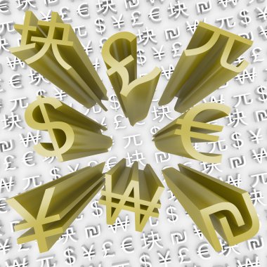 Gold Currency Symbols Fly Out of Money Backgroun clipart