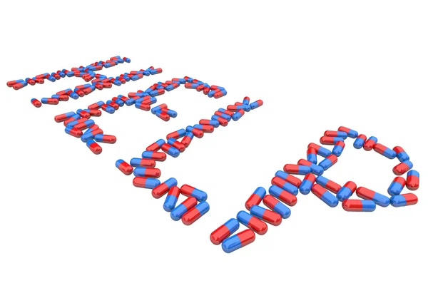 Help - woord in rood en blauw capsules — Stockfoto