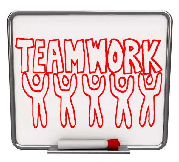 Teamwerk op een droge wissen bord met teamleden — Stockfoto