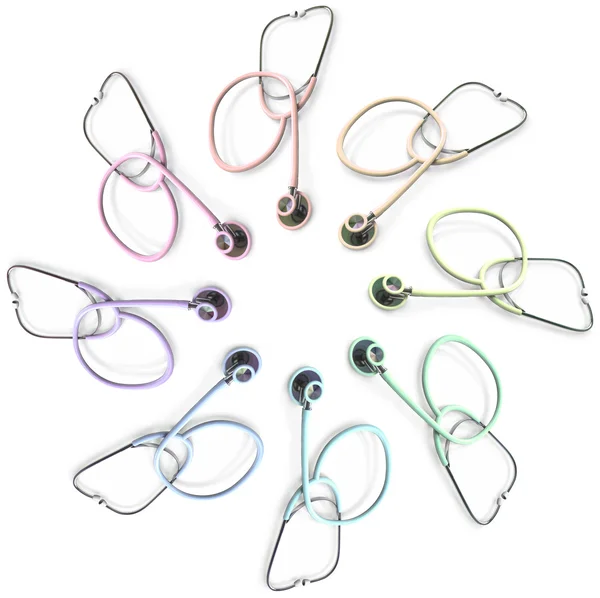 Många färgade stetoskop — Stockfoto
