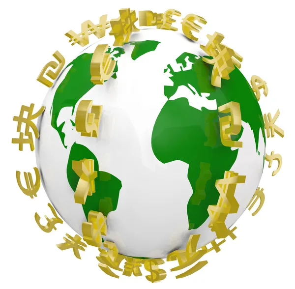 Símbolos de moneda mundial en todo el mundo —  Fotos de Stock
