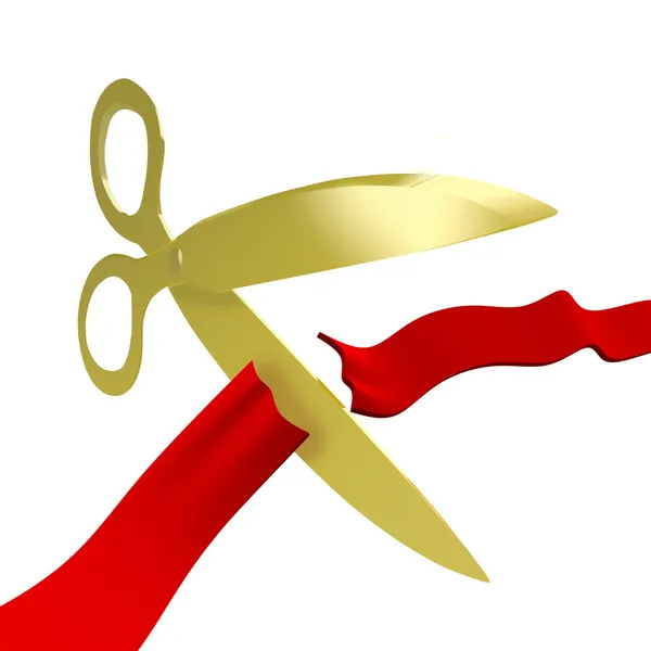 Gold Scissors Cutting Red Ribbon — Stock Photo, Image