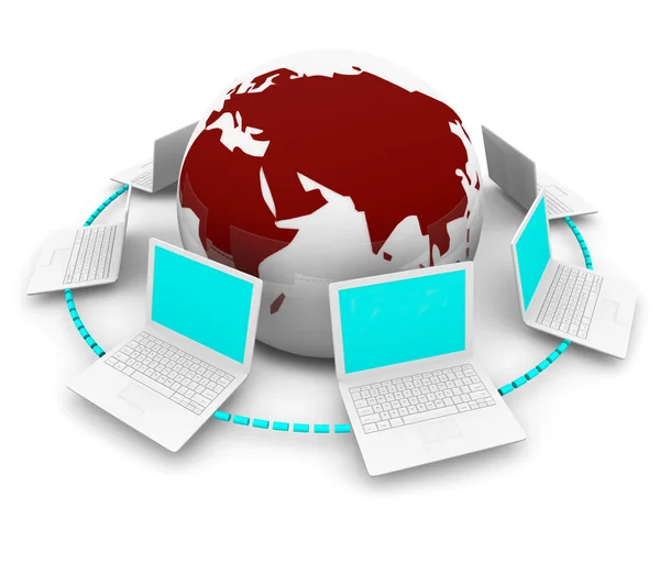 Rede Global de Laptops ao redor da Terra — Fotografia de Stock