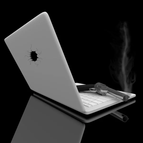 冒烟的枪和便携式计算机 — 图库照片