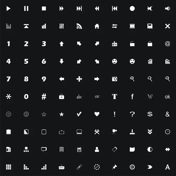 100 enkla ikoner på en svart bakgrund — Stock vektor