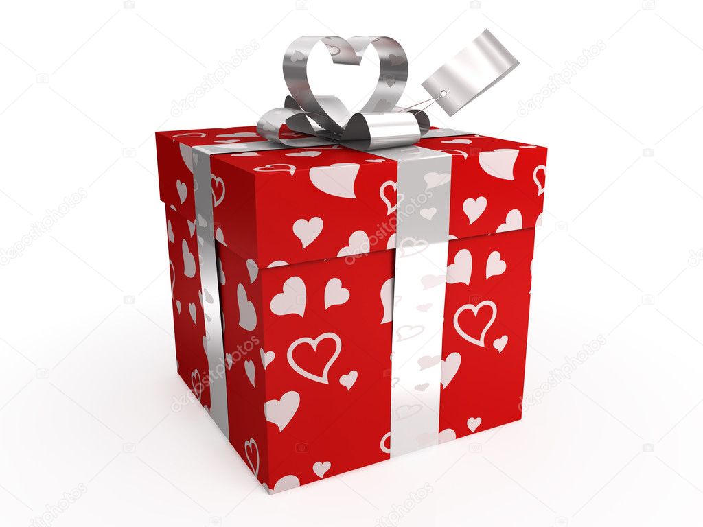 Red gift box with hearts & tag