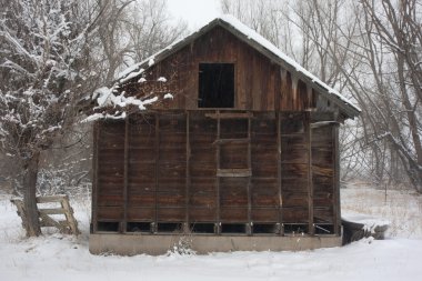 Old, small barn iduring snow storm clipart