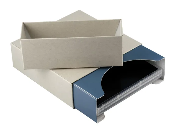 Open cardboard box with dvd inside — Stock Photo, Image