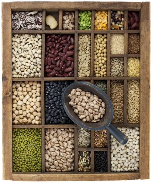 Різноманітність бобів і в вінтажній коробці — стокове фото