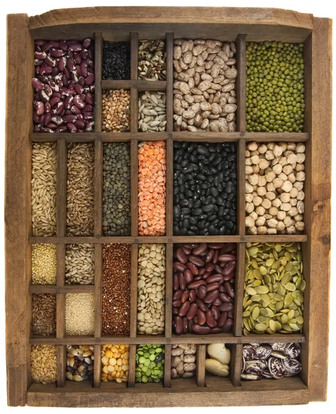 豆、穀物、種子ビンテージ ボックス — ストック写真