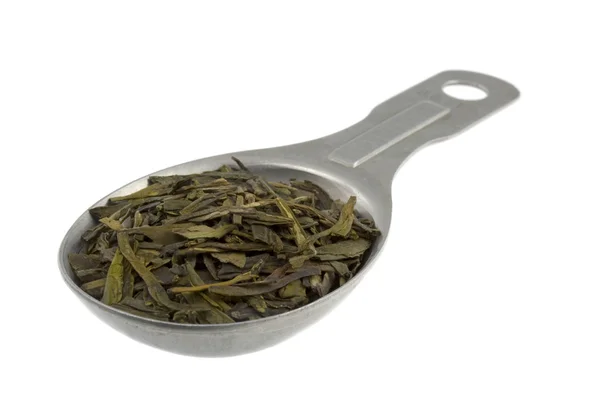 Cuillère à soupe de thé vert en vrac pleine feuille — Photo