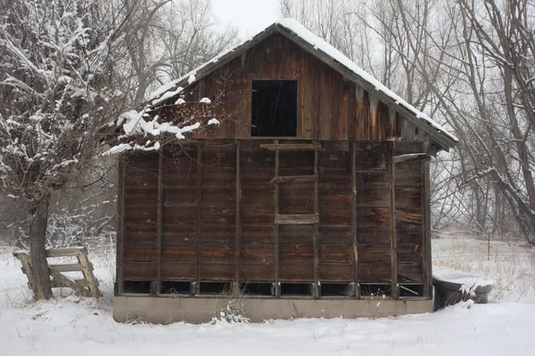 Old, small barn iduring snow storm — Stock Photo, Image