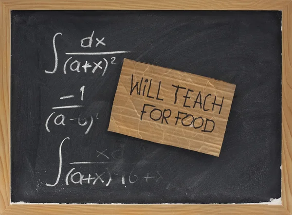 Will teach for food - cardboard sign — Stock Photo, Image