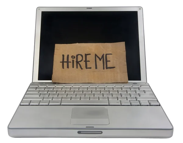 Hire me cardboard sign on computer — Stock Photo, Image