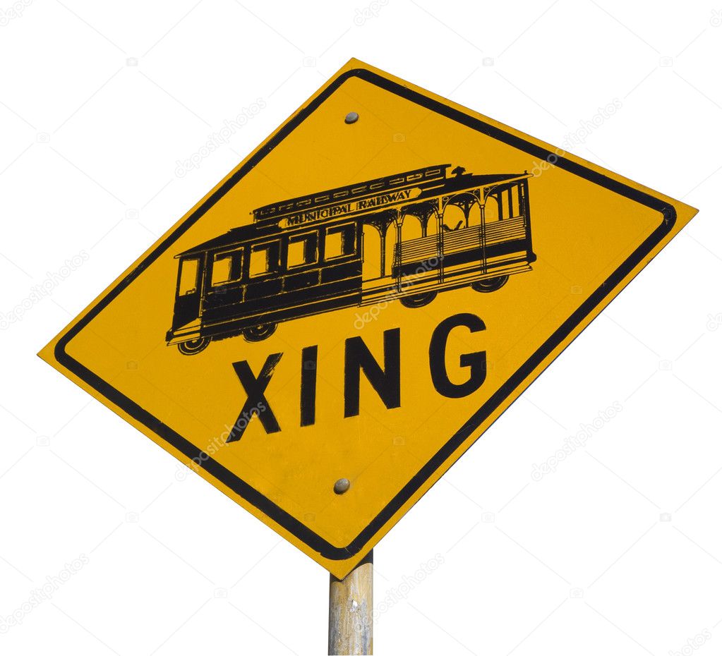 Cable car crossing street sign