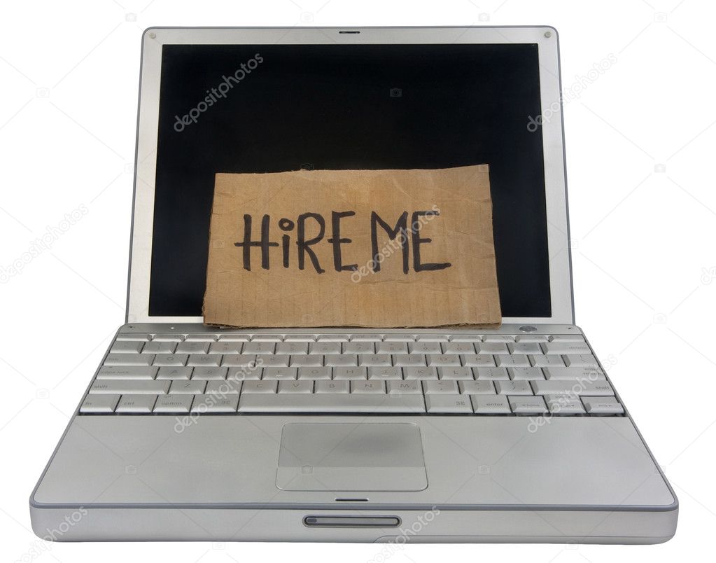 Hire me cardboard sign on computer